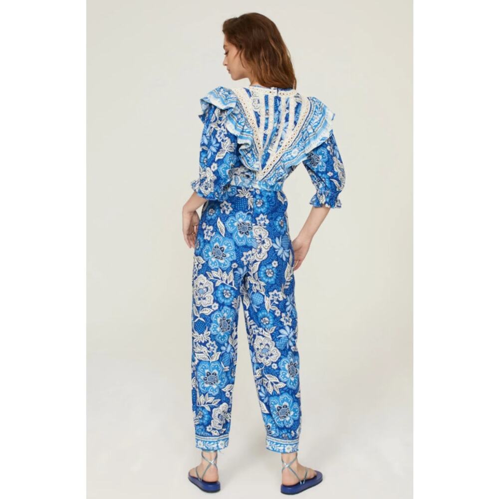 Farm Rio Floral Linen Jumpsuit Tropical Puff Sleeve Women Medium NWT Blue White - Picture 2 of 10